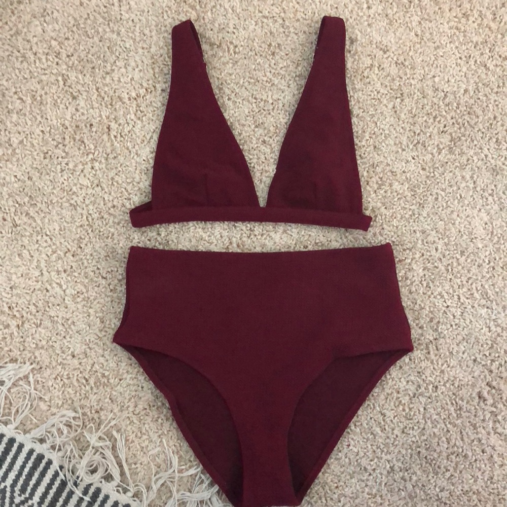 Maroon High Waisted Bikini Plunge